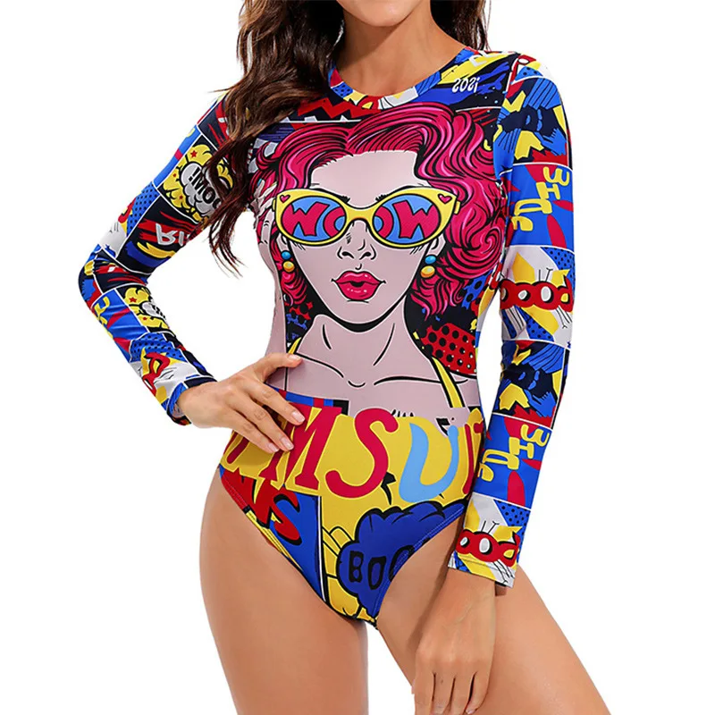 

2025 new model, European and American long-sleeved color printed one-piece swimsuit, women's sunscreen, sexy backless surf suit,