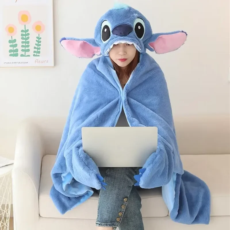 Disney Stitch Hooded Blanket Winter Warm Flannel Thick Throw with Buttons Shawl Cloak Women Men Home Office Lunch Break Blanket