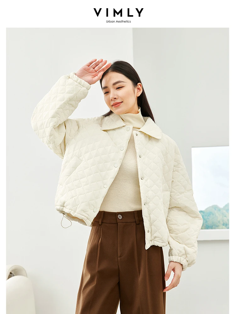 Vimly Apricot Lapel Argyle Parkas Cropped Quilted Jacket Women 2023 Winter Casual Loose Long Sleeve Women's Coat Clothing 16371