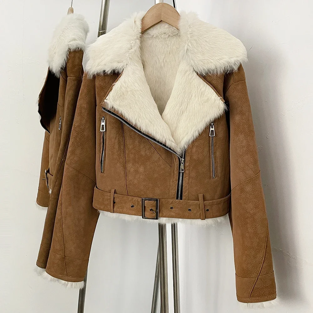 OFTBUY Neuer Winter-Pelzmantel für Damen, Kurze Motorradjacke, Wildleder, Echtes Kaninchenfell, Großer Pelzkragen, Gürtel, Vintage-Kleidung – Detail 14