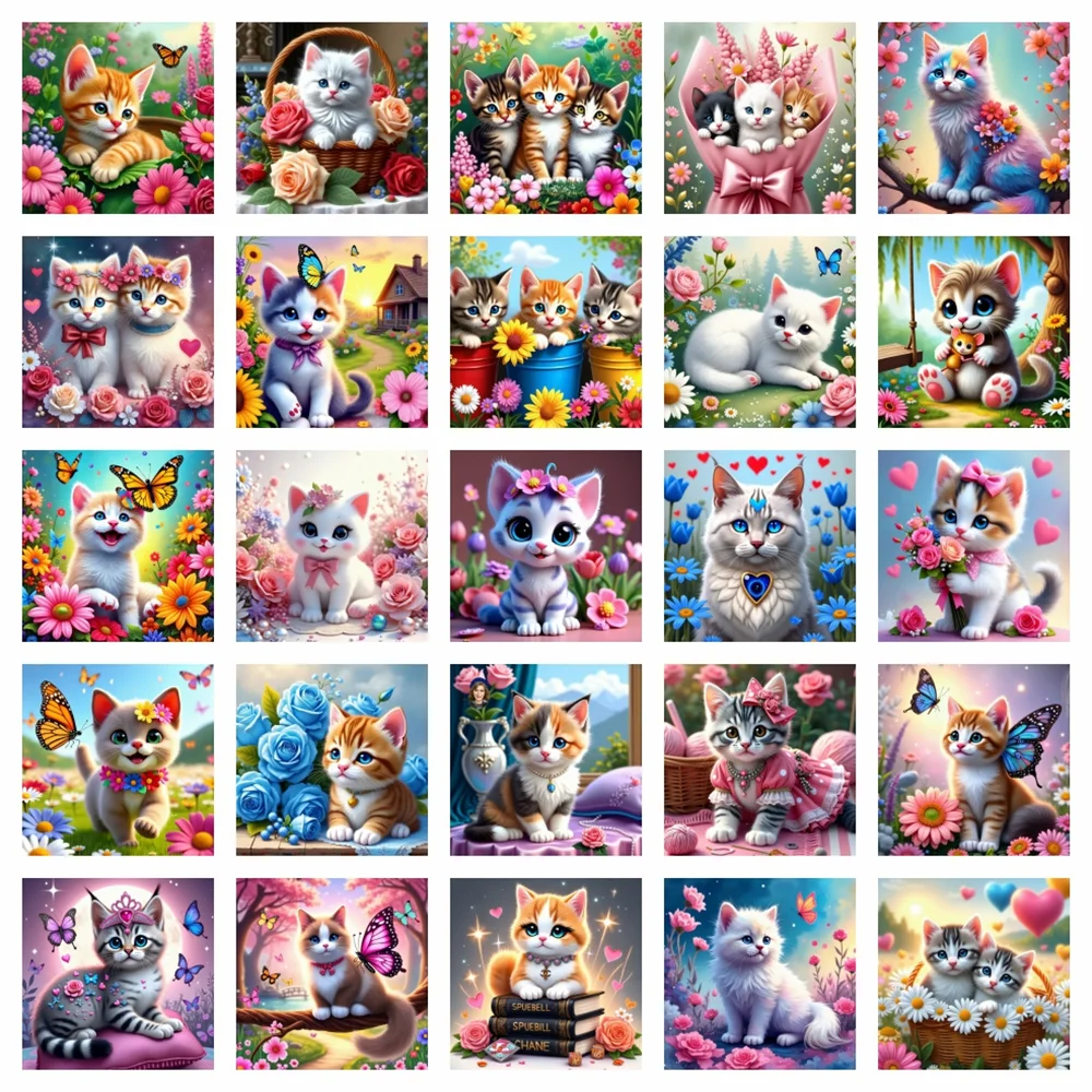 AZQSD Diamond Painting Cat Flower Mosaic Full Drill Diamond Art Kits Animal Butterfly Floral Garden Home Decor Rhinestones Gift