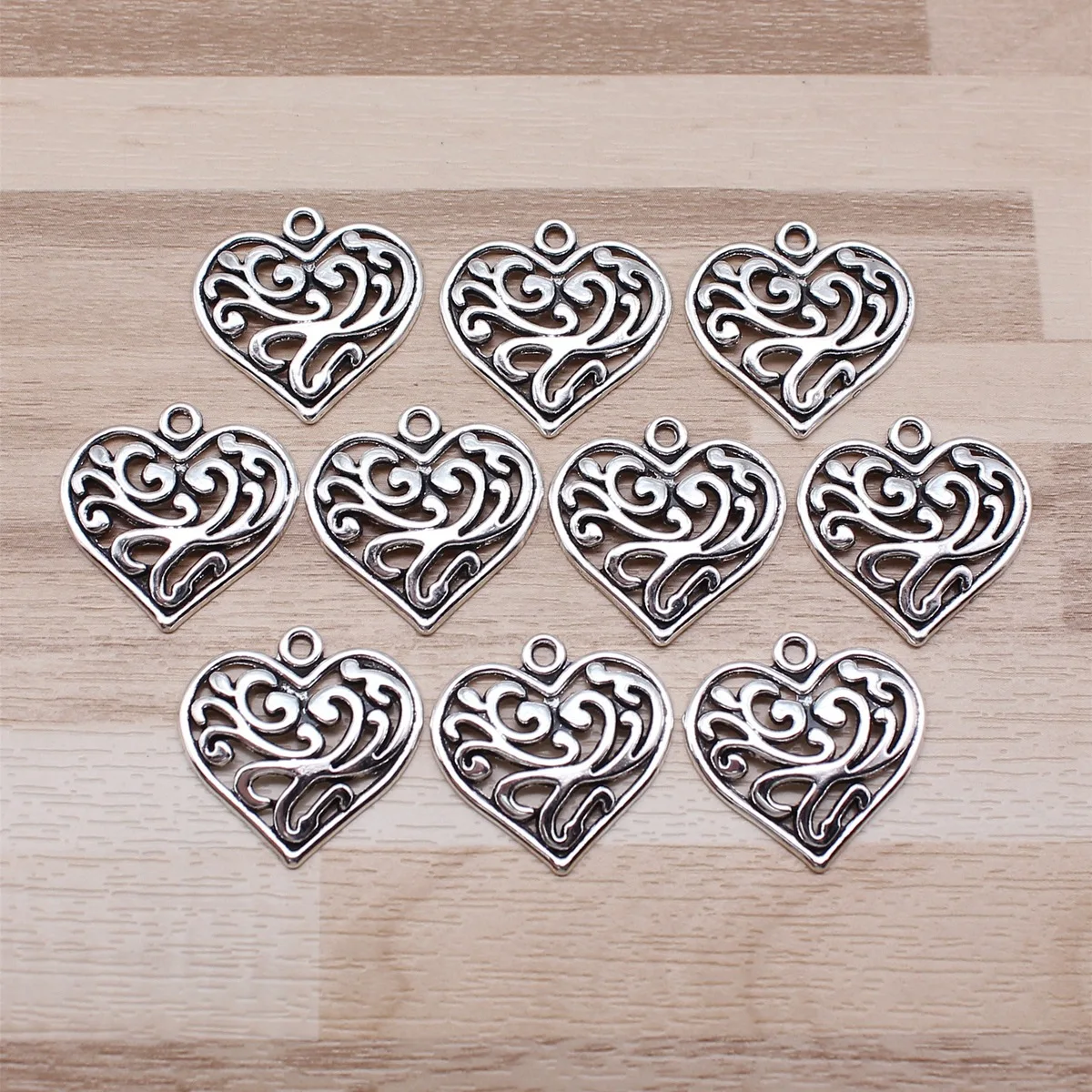 IFOCUS 10pcs/Lot Carved Flower Heart Charms For DIY Jewelry Making Zinc Alloy 21x21mm/0.83x0.83inch