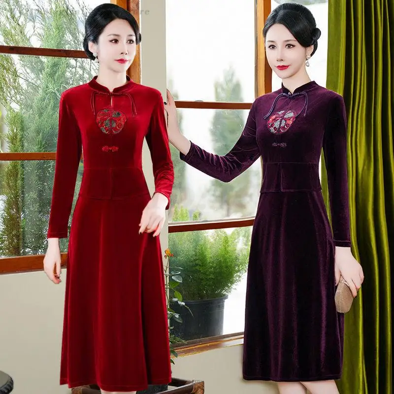 

New Chinese Style Velvet Cheongsam Plus Size 5XL 6XL Women's Qipao Autumn Long Sleeved A-Line Vestidos Retro Improved Dress