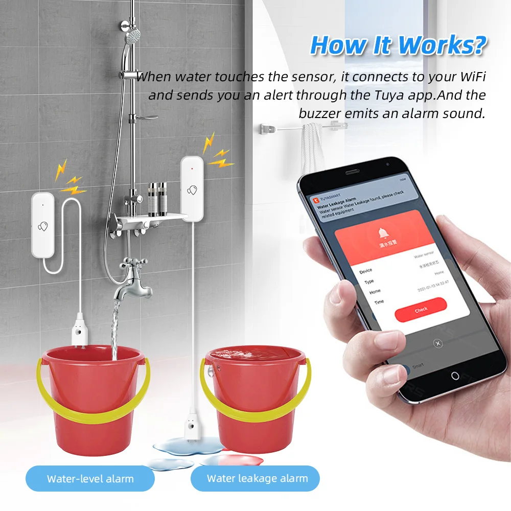 ZY Tuya-Sensor inteligente de fugas de agua para el hogar, sistema de seguridad con alarma, funciona con Alexa y Google, WiFi