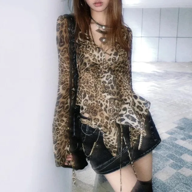 HOUZHOU Women Leopard Shirts Y2k Lace-up Long Sleeve Top Sexy V-neck Slim Blouse Female Casual Butterfly Sleeve Chiffon Blouse