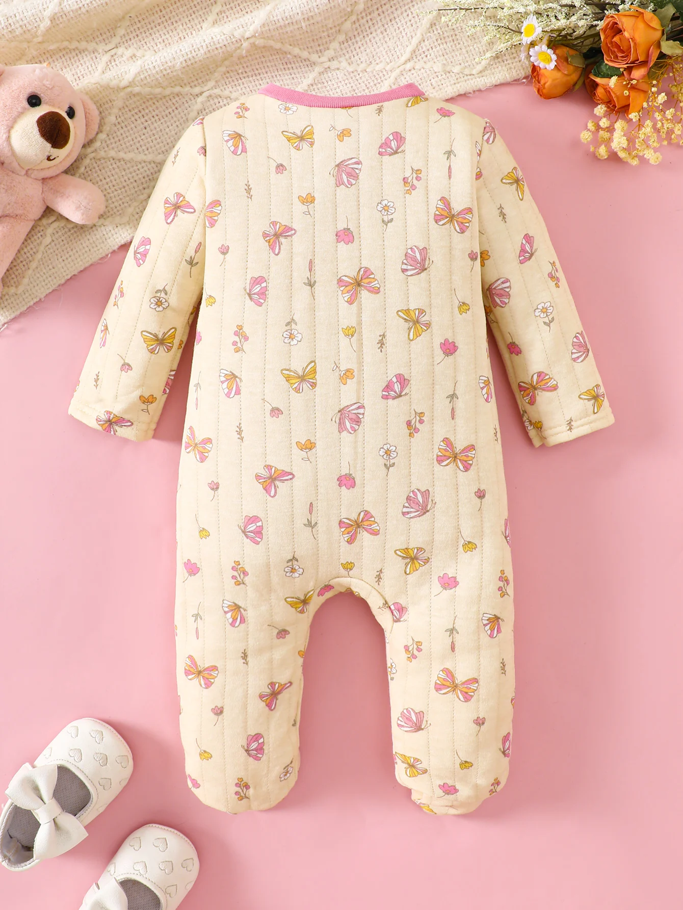 Baby-Strampler mit Schmetterlingsdruck, langärmelig, mit Reißverschluss, Baumwolle, für Neugeborene, atmungsaktiv, für den Nachtschlaf, 0–3, 3–6 – Detail 2