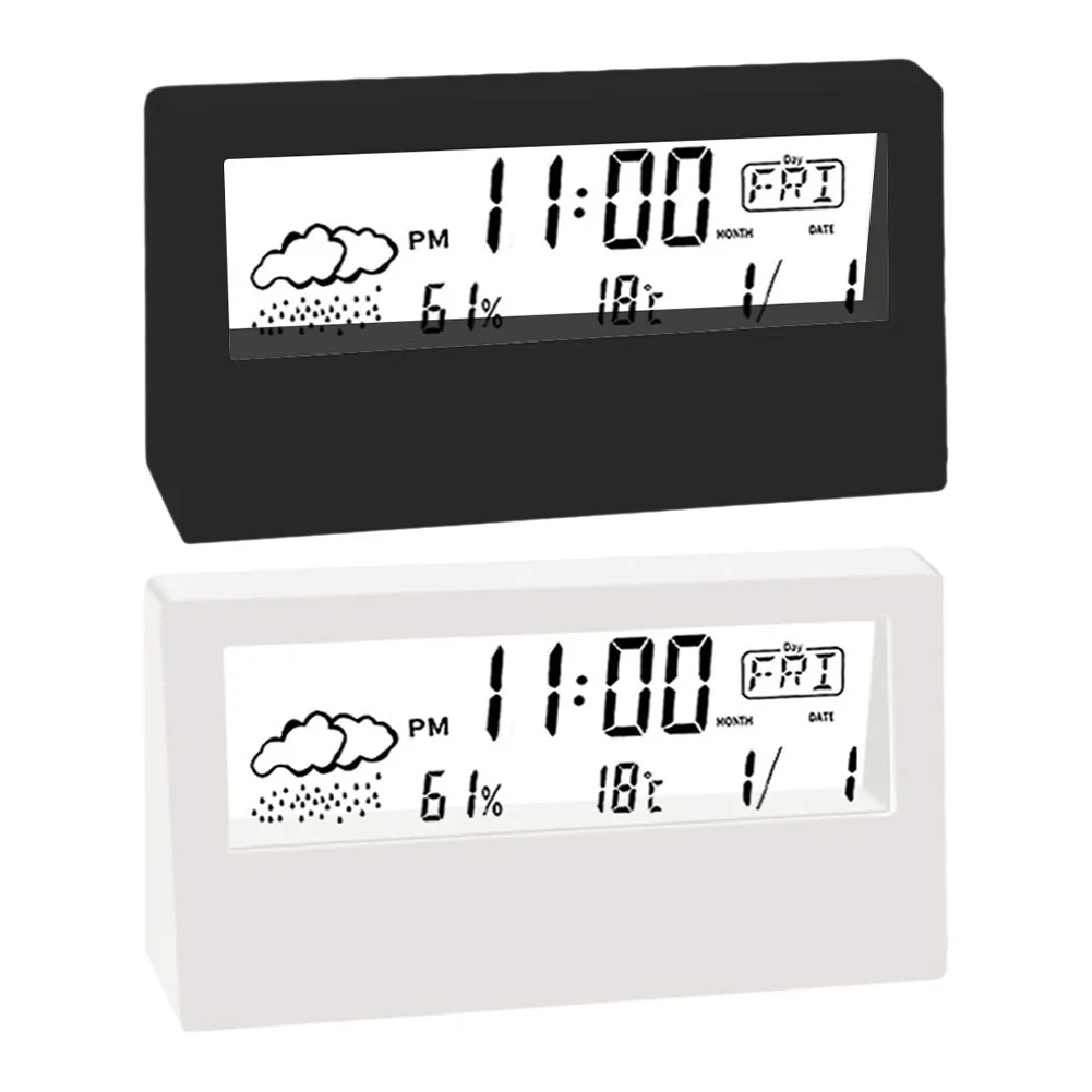 LCD Electric Desk Alarm Clock Calendar Digital Temperature Humidity Modern Weather Station Alarm Clock Desktop Home Office Decor