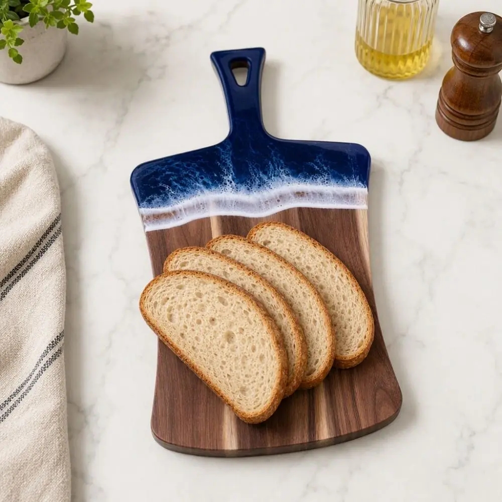 Sea Wave Pattern Resin-Wood Splicing Cutting Board Hanging Handle Thickened Bread Serving Board Rectangular Chopping Block Gift