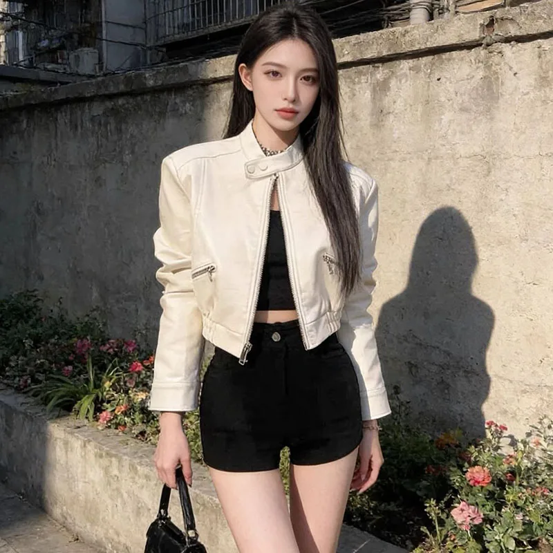 Women Faux Pu Leather Short Streetwear Fashion Fitted Zipper Motorcycle Biker Outwear Slim Fit Classic Long Sleeve Coat