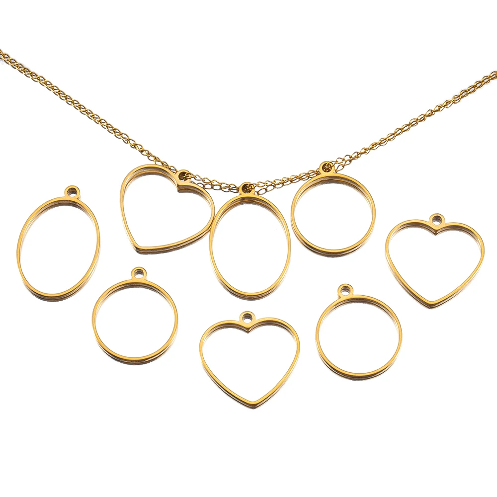 5pcs Hollow Geometric Stainless Steel Heart Oval Round Frame Blank Bezel DIY Earrings Pendant Base Charm Necklace Jewelry Making