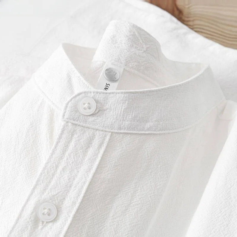 

New Chinese Sle Men's Summer irt Vintage ort Sve Loose Five-Quarter Sve Henry Collar Light Weight Breathable Top