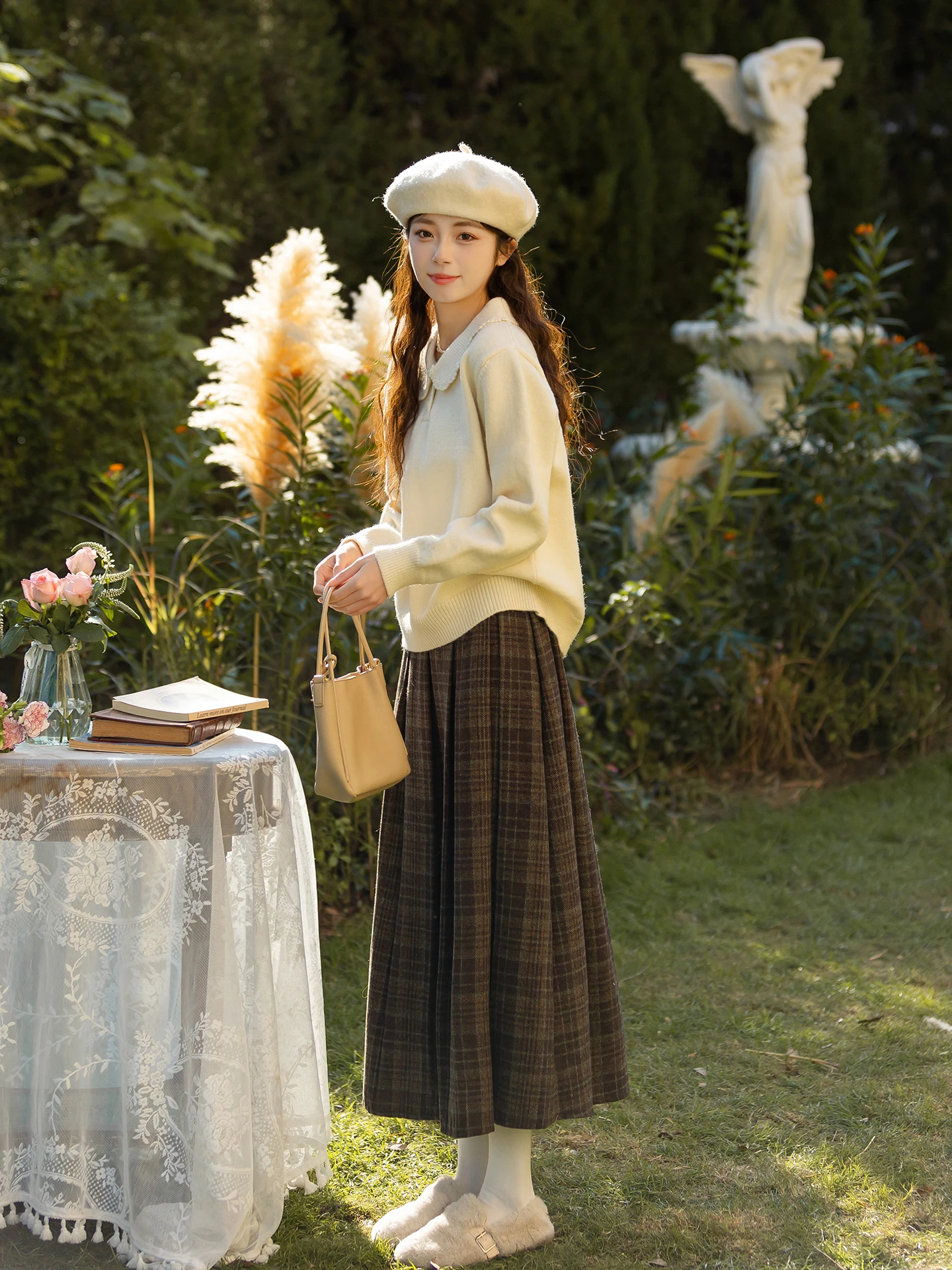 

Весенняя коллекция: Женский комплект из клетчатой юбки и свитера, двухсоставный ансамбль, милый ретро-стиль, трикотажная одежда для офиса и повседневной носки