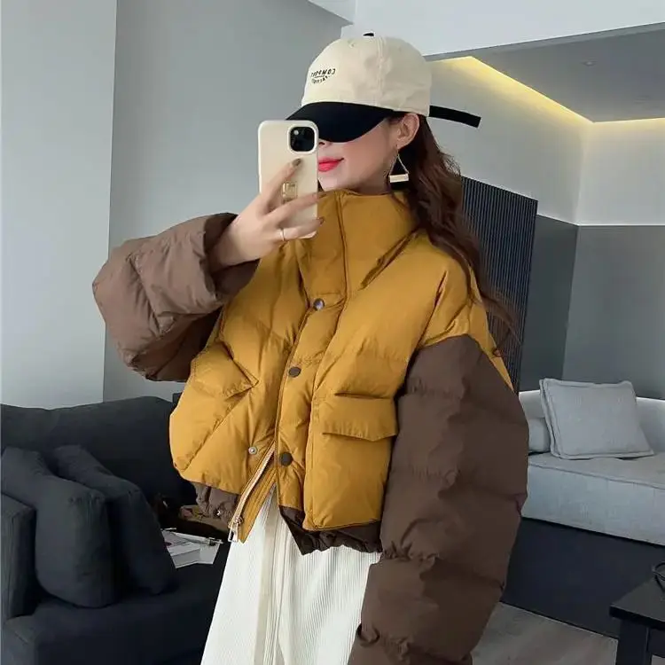 

Korea Stand-Up Collar Contrasting Short Long-Sleeved Cotton Winter New Thickened Loose Slimming Versatile Casual Cotton Coat