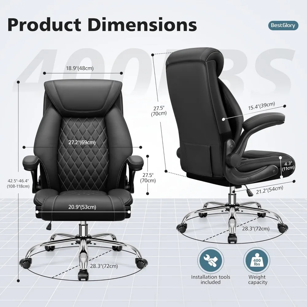 Cadeira ergonómica de escritório com couro grande e alta, respirável com apoio lombar, com braços flip-up, ajustável como não disponível