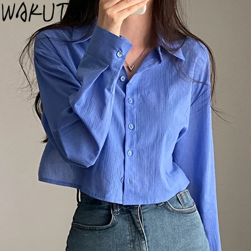 WAKUTA Backless Lace Up Loose Crop Shirts Long Sleeve Blue White Blouse Tops Summer Autumn Korean 2024 Casual Sun Protection