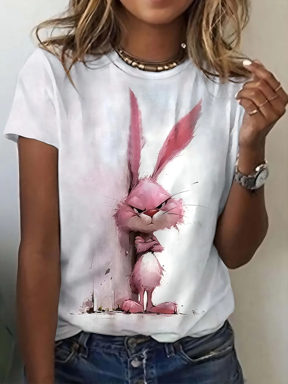 Summer Women's T‑shirt Sassy Angry Rabbit Watercolor Cartoon Print Short Sleeve Crew Neck Casual Daily Tops Women Clothing