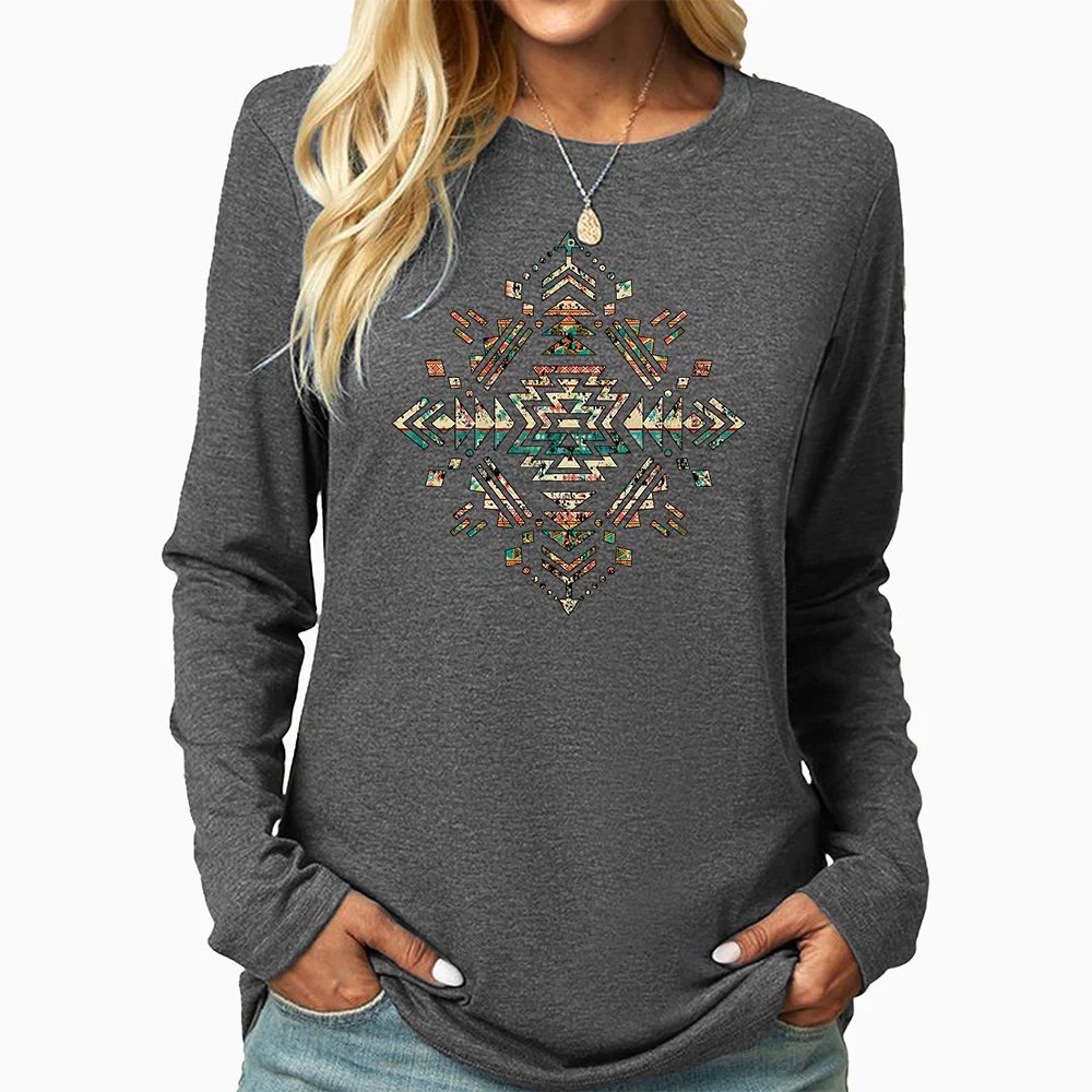 Vintage Aztec Graphic Print T-Shirt, Women\'s Long Sleeve Top, Versatile Women\'s T-Shirt