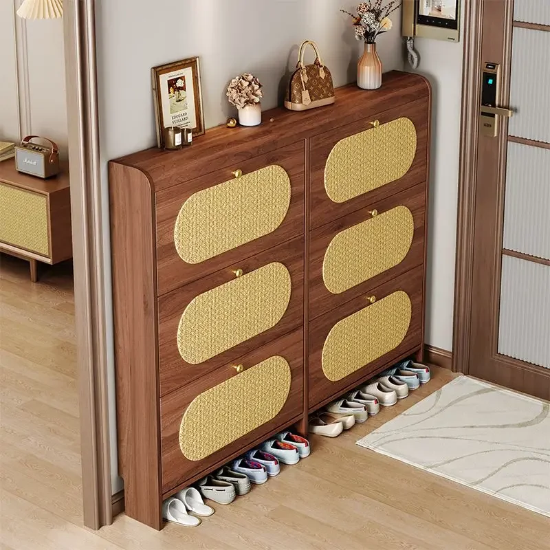 

Rattan modern ultra-thin tipping bucket shoe cabinet, large-capacity storage locker at the entrance of the household door ag