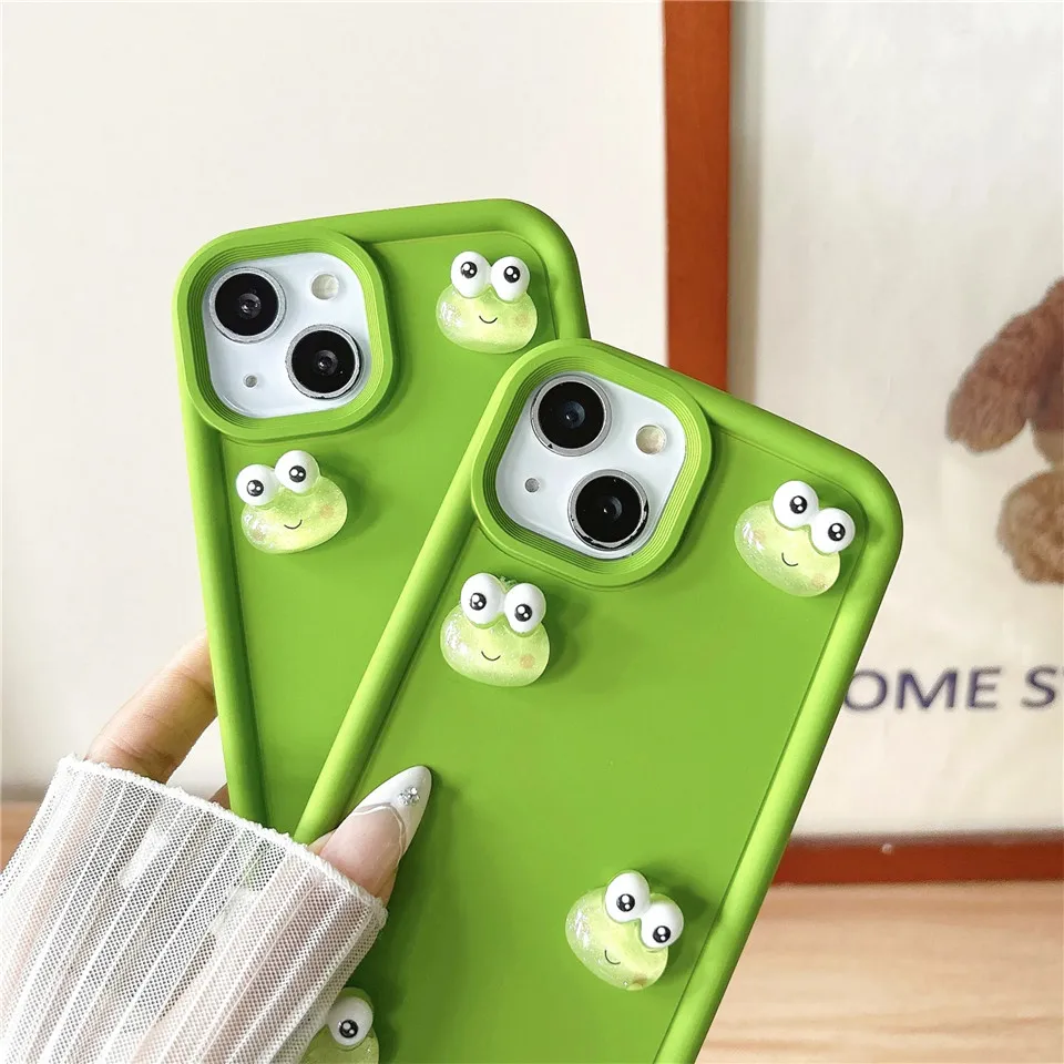 Funny Korean Cute Full Screen Frog Soft Silicone Green Phone Case for iPhone 14 13 12 11 Pro Max Lovely Shockproof Cover Funda