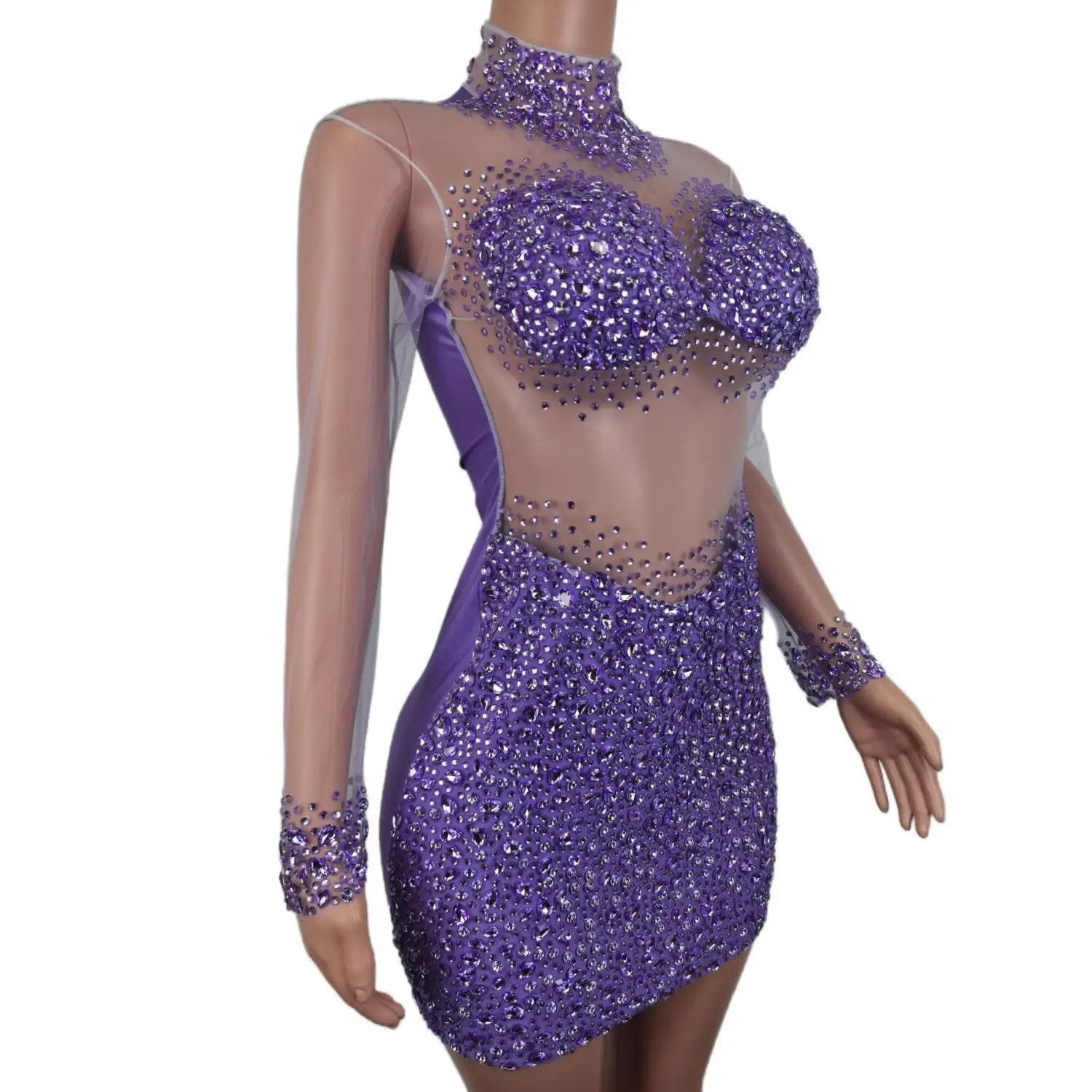 Vestido corto de malla transparente con piedras para mujer, traje Sexy para fiesta de cumpleaños y graduación, trajes de actuación para equipo de cantante con diamantes de imitación