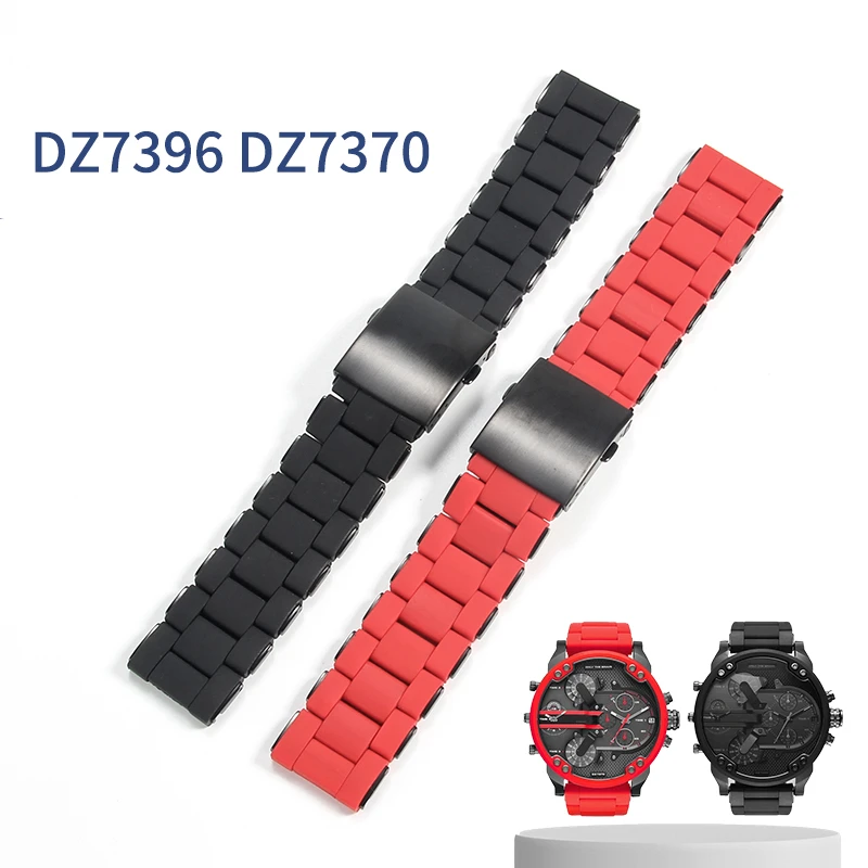 

For DIESEL Dz7396 Dz7370 Dz4289 Silicone Coated Steel Accessories Double Press Buckle 24 26 28mm Stainless Steel Men Watchband