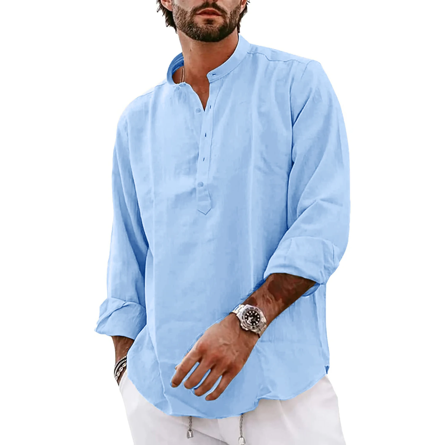 Streetwear Mens Cotton Linen Shirts Casual Lightweight Long Sleeve Henley Shirts for Men Beach Hawaiian Breathable T Shirts