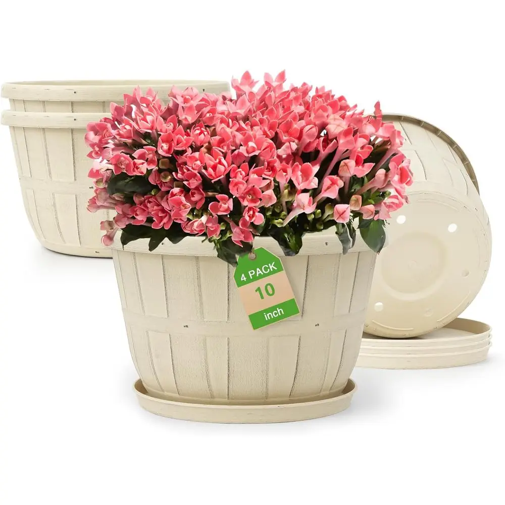 

10 Inch Plastic Lower Pots for Indoor Plants, 4 Pack Large Outdoor Planters with Drainage & Saucers, Wine Barrel Style, Suitable