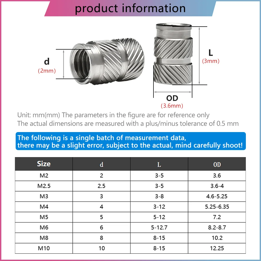 M2 M2.5 M3 M4 M5 M6 M8 M10 304 Stainless Steel Insert Nut Hot Melt Knurled Double Twill Injection Embedment Nuts For 3D Printer
