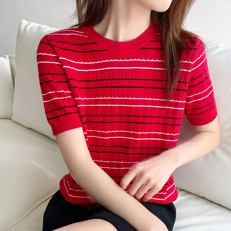 Women\'s New Summer T-shirt 100% Cotton Sweater Short Sleeve Casual Stripe Knitted O-Neck Pullover Loose Soft Baida Top T-shirt