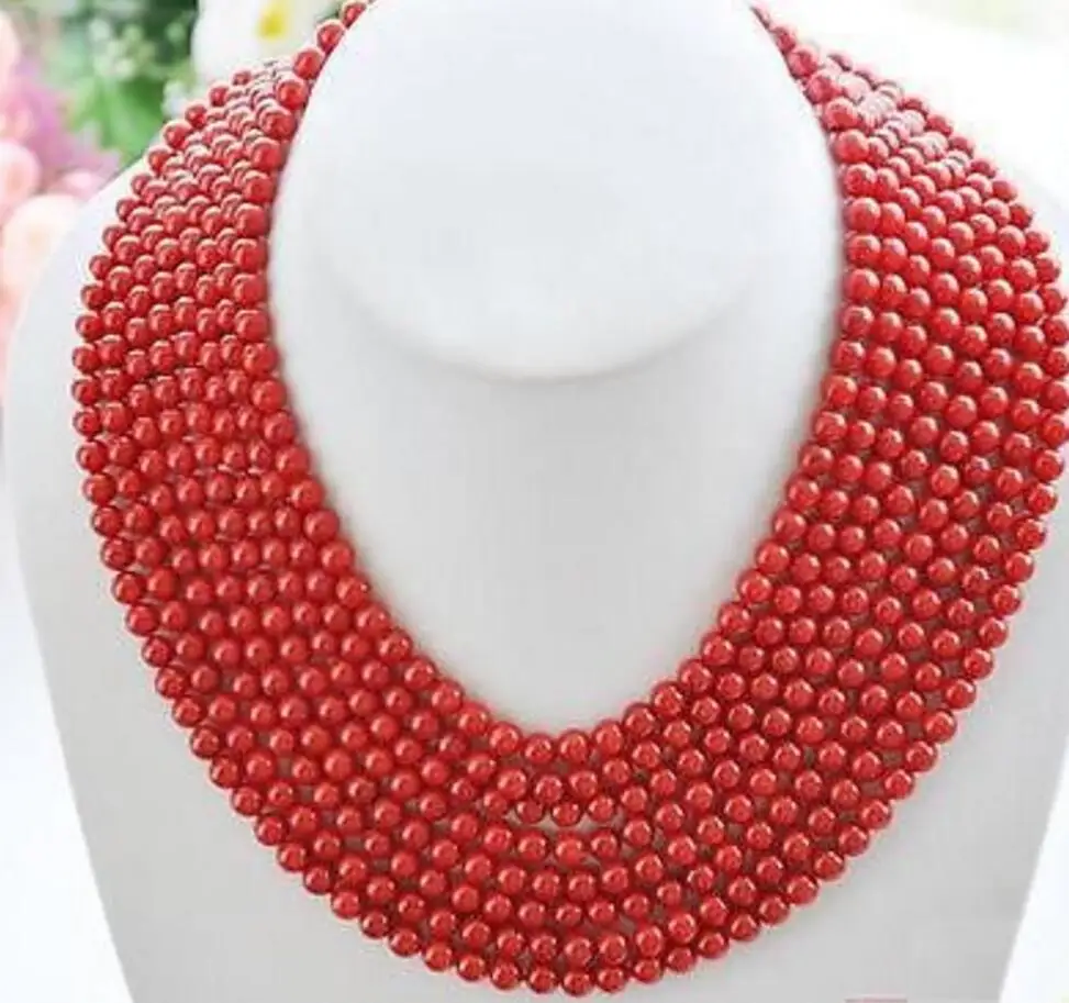 

Free shipping Hot sale Genuine 6mm 8row NATUREL RED CORAL massive BEAD NECKLACE