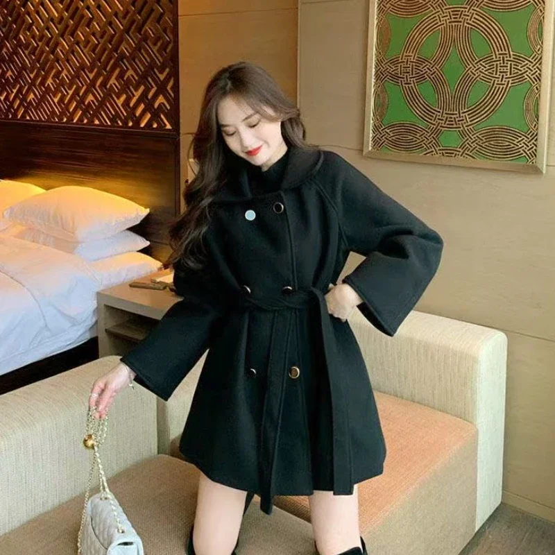 New Winter Black Woolen Coat for Women Female Office Lady, Mid-length Fitted Waist-cinching Thick Double-breasted Quality Jacket