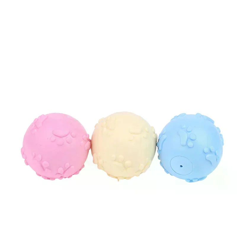 Pet Plaything Interactive Dog Toys Squeaky Rubber Dog Toy Ball Cartoon Paw Print Design Small Breeds Durable Chew Dental Health