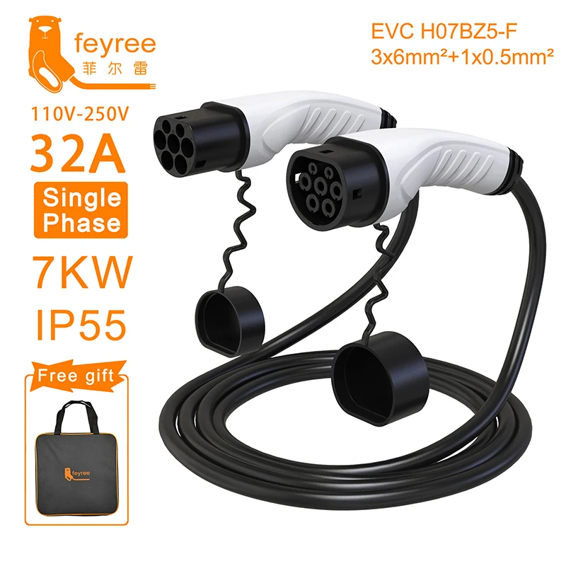 feyree EV Charger Type2 Cable Female Car Side to Type2 Male Plug 16A 3.5KW 32A 7KW 1Phase 11KW 22KW 3 Phase for Electric Car