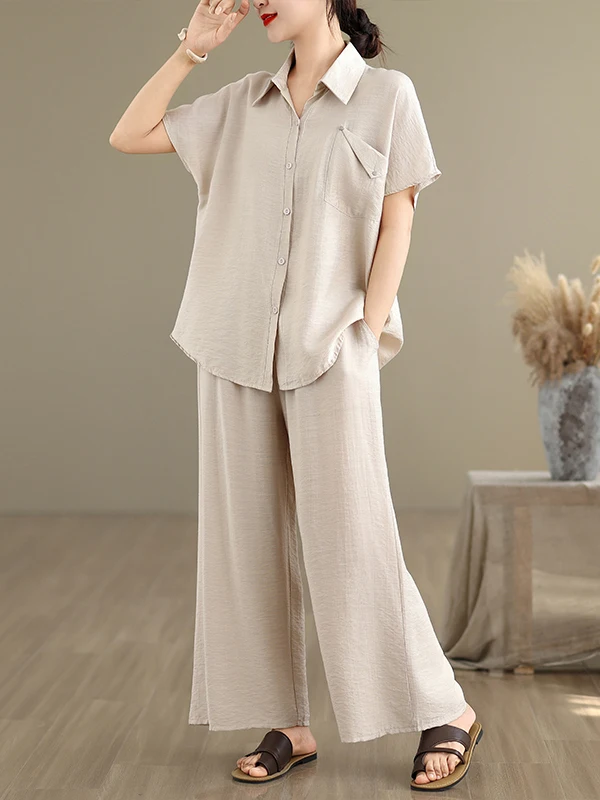 

Summer Casual Cotton Linen ort Sve Women's Set Loose irt Wide Leg Pants Two Piece Set Faionable plus Size Ensemble
