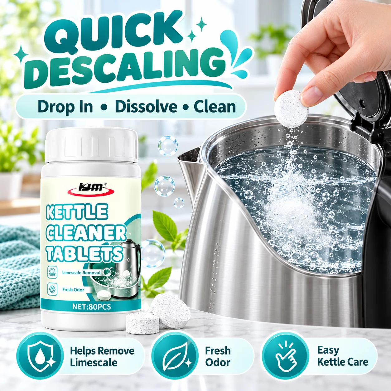 KJM Descaling Tablets 80PCS Multi Use Cleaner For Coffee Stains Tea Residue Limescale In Kettles And Drinking Appliances