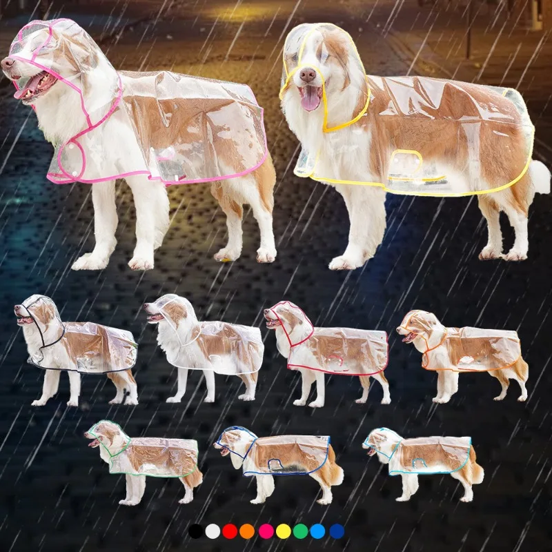 Transparent PU Dog Raincoat, Colorful Edge Hooded Pet Rain Jacket, Waterproof Lightweight Rainwear for Small Medium Large Dogs