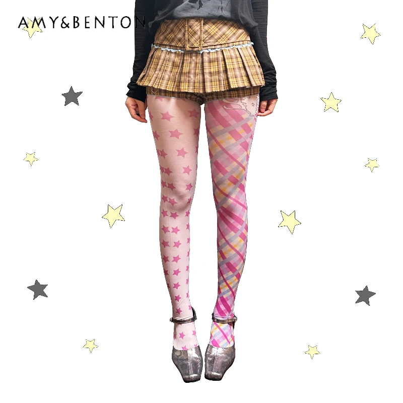 2025 Spring Autumn New Design Y2K Printed Irregular Star Plaid Women's Stockings Japanese Sweet Cute Versatile Tights Ladies