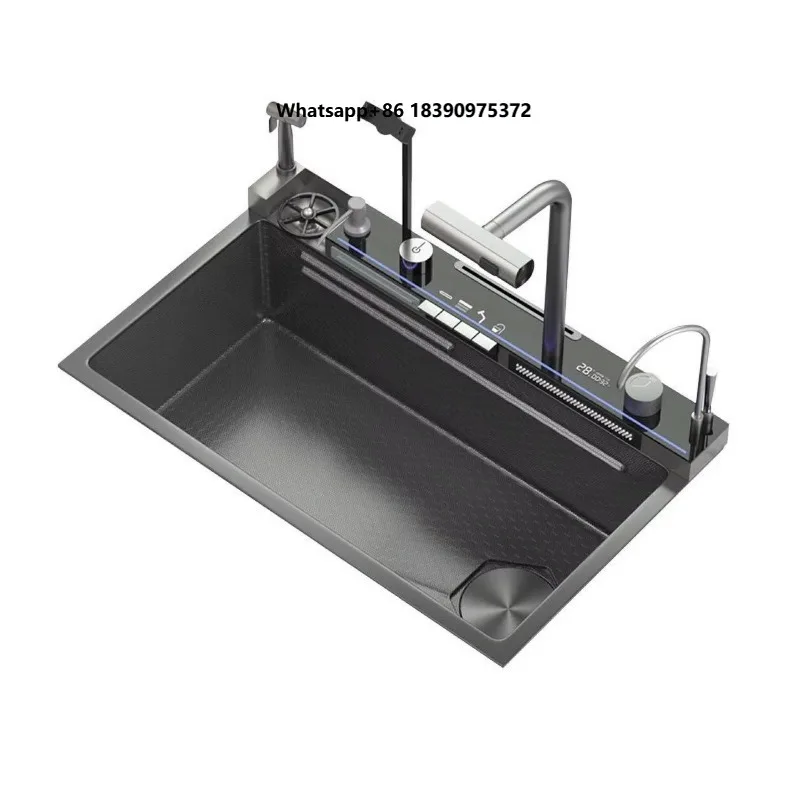 Led Digital Display Waterfall Kitchen Sink With Cup Wash Christmas Discount Multifunctional Black Kitchen Sink