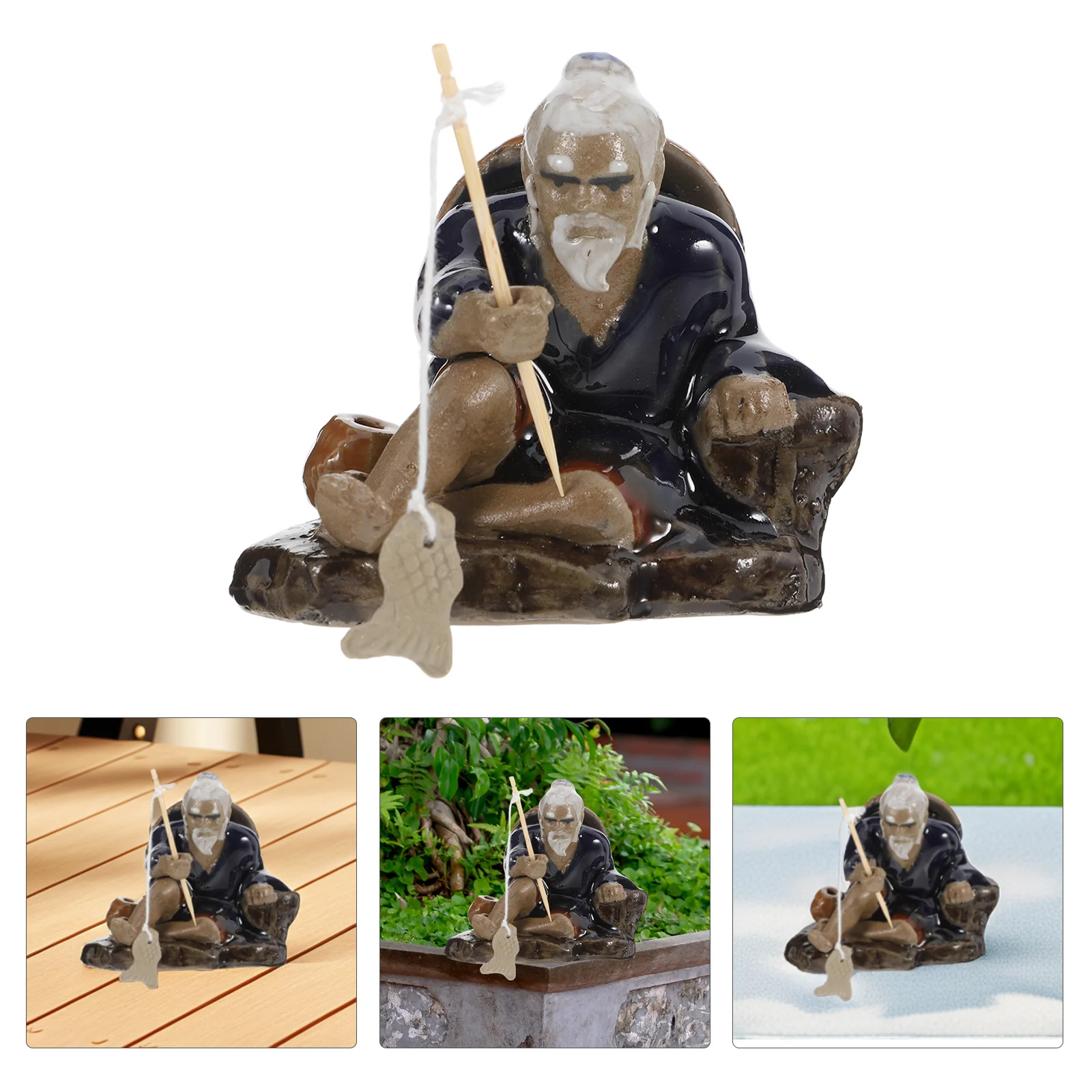 Ceramic Mini Fisherman Figurines Sitting Fishing Old Man Statue Asian Chinese Aquarium Decorations Zen Garden Fish Tank Micro