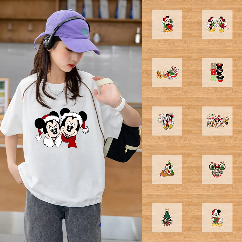 Disney Mickey Minnie Iron on Sticker Anime Cartoon Christmas Theme Heat Transfer Stickers T-Shirt Sweatshirt Decoration Gifts