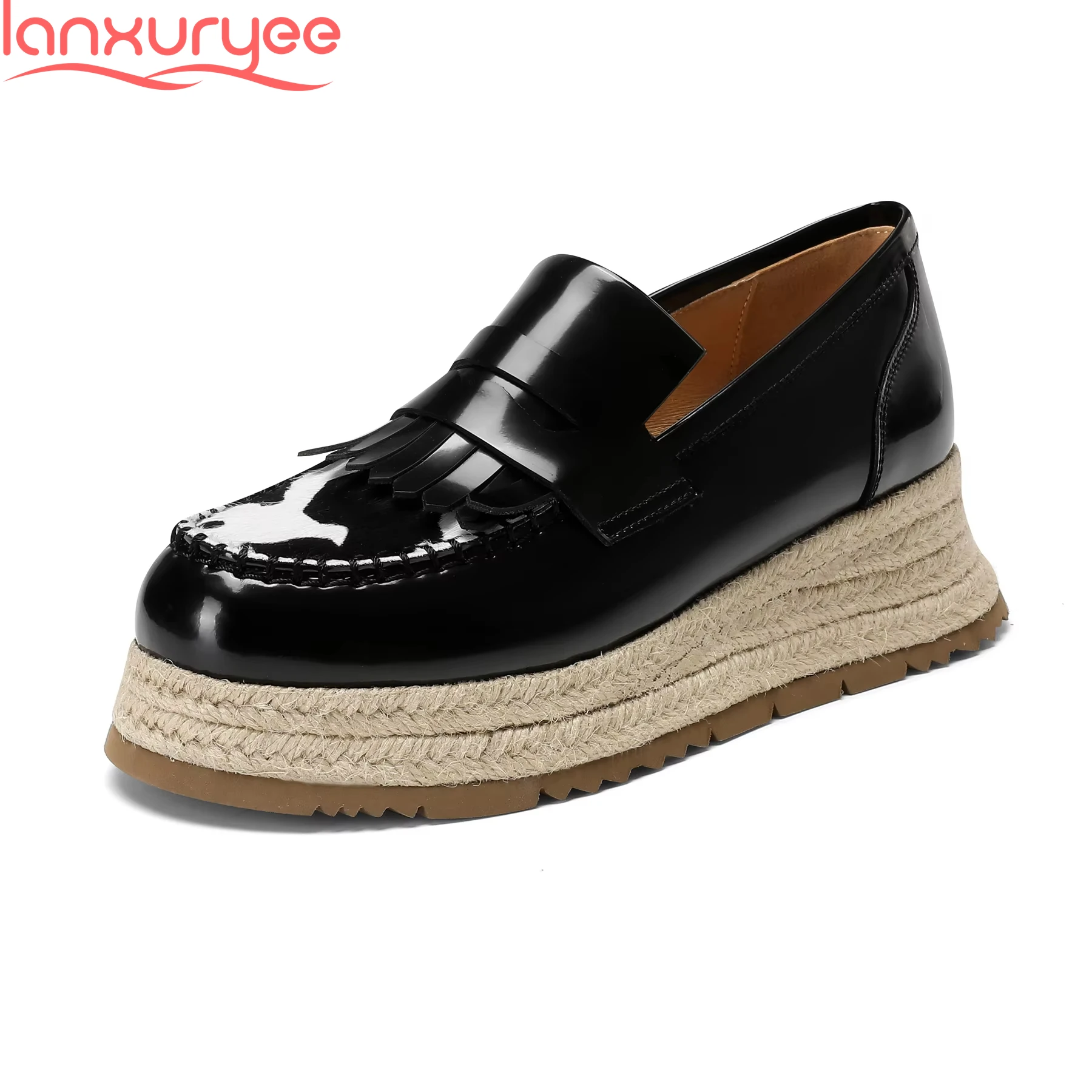 

Lanxuryee Leopard Cow Leather High Heels Spring Casual Shoes Luxury Fringe Loafers Wedges Student Concise Platform Women Pumps