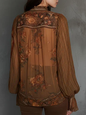 2026 Spring New Collection Bohemian Retro Floral Chiffon Blouse Stand Collar V-Neck Patchwork Lantern Sleeve Ruffle Top Plus Size Women's Clothing for Vacation and Commuting