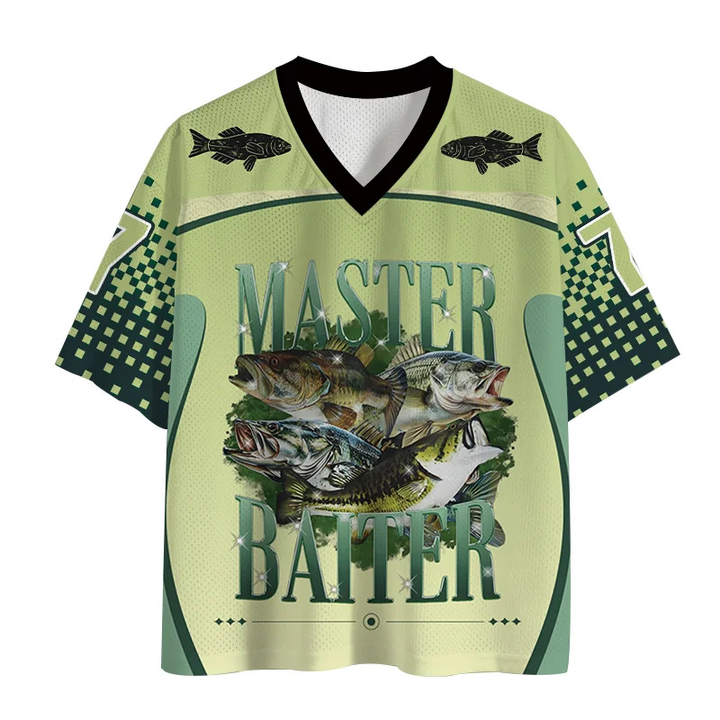 V Neck Jersey Bass Fish Master Baiter Print Short Sleeve Shirt Unisex Fishing Themed Streetwear Casual Sports Tee