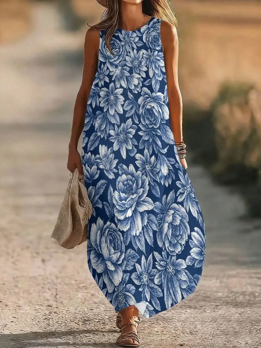 

Women Sleeveless Round Neck Floral Print Long Dress Blue Casual Loose Comfortable Knitted Maxi Dress