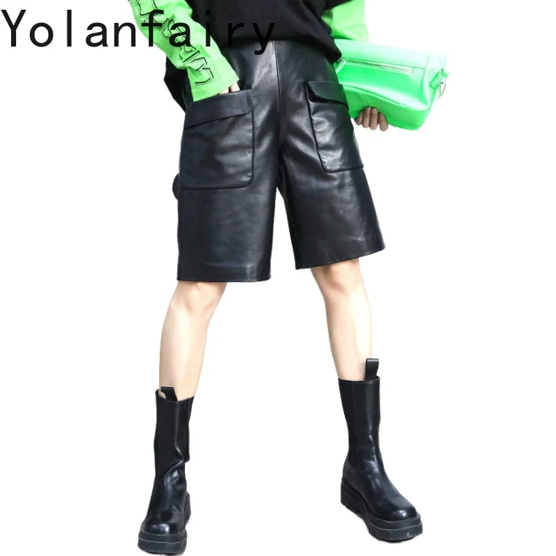 YOLANFAIRY 2026 Autumn Women Elastic Waist 5 Points Capri Pants Genuine Sheepskin Leather Shorts Large Pocket Casual Trousers