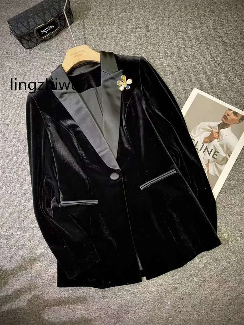 

lingzhiwu Velvet Blazer Top Quality Elegant Single Button Import Acetate Black Outerwear New Arrival