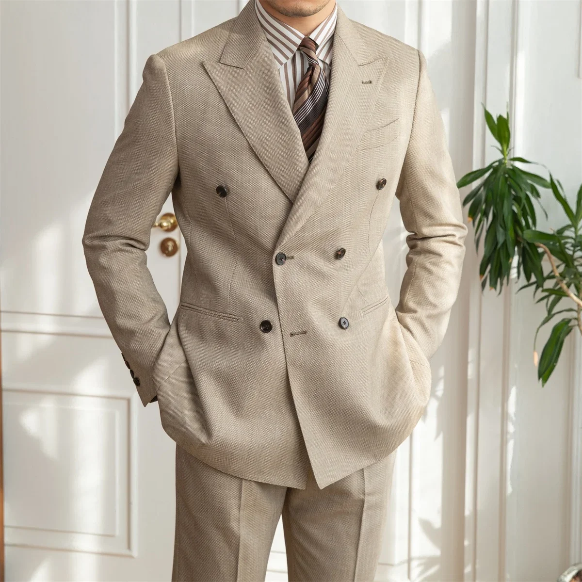 Men 2 Piece Peaked Lapel Collar Double Breasted Pick Stitching Khaki Rolled Cuffs Ready Suits