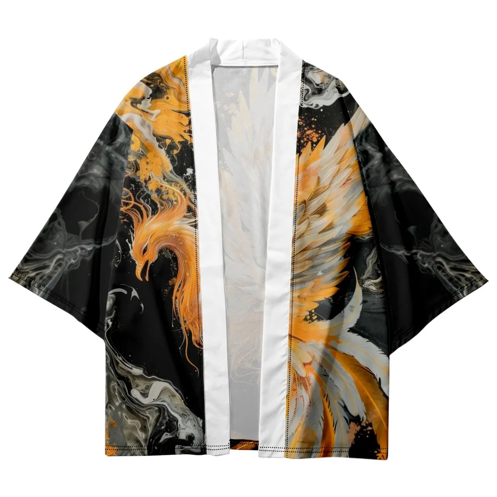 2025 Men Cardigan Haori Japanese Anime Phoenix Print Kimono Harajuku Women Beach Yukata Plus Size Oversized Coat