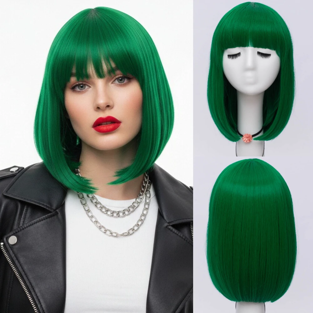 

Женский освежающий короткий прямой зеленый парик для косплея с челкой, дышащий головной убор из синтетического волокна
