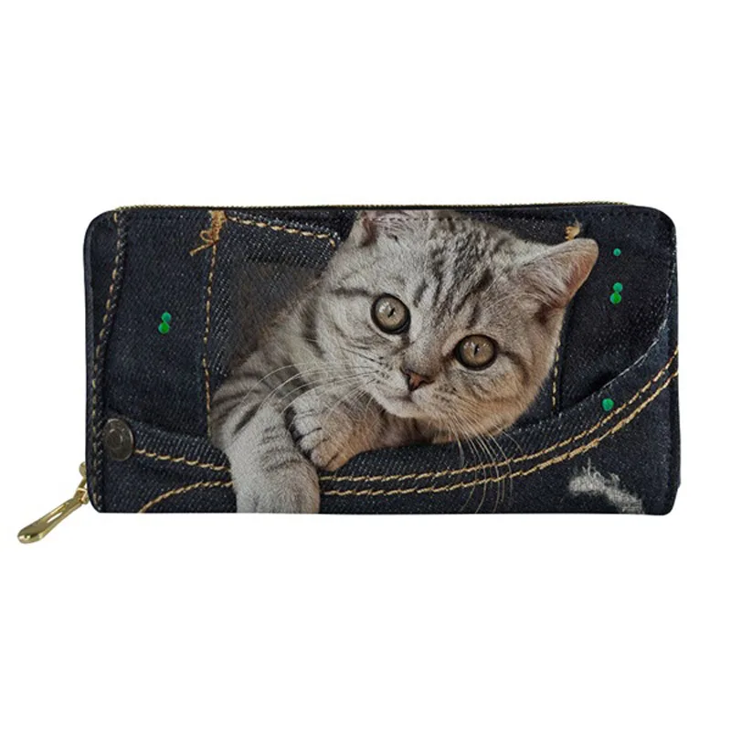 

Cute Denim Pocket Cat/Kitten Print Long Pu Leather Wallet Women Wallets Female Zipper Purse Pouch Card Holder Carteras Mujer